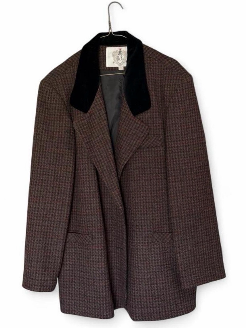 Vintage Brown Houndstooth Blazer with Black Velvet Collar